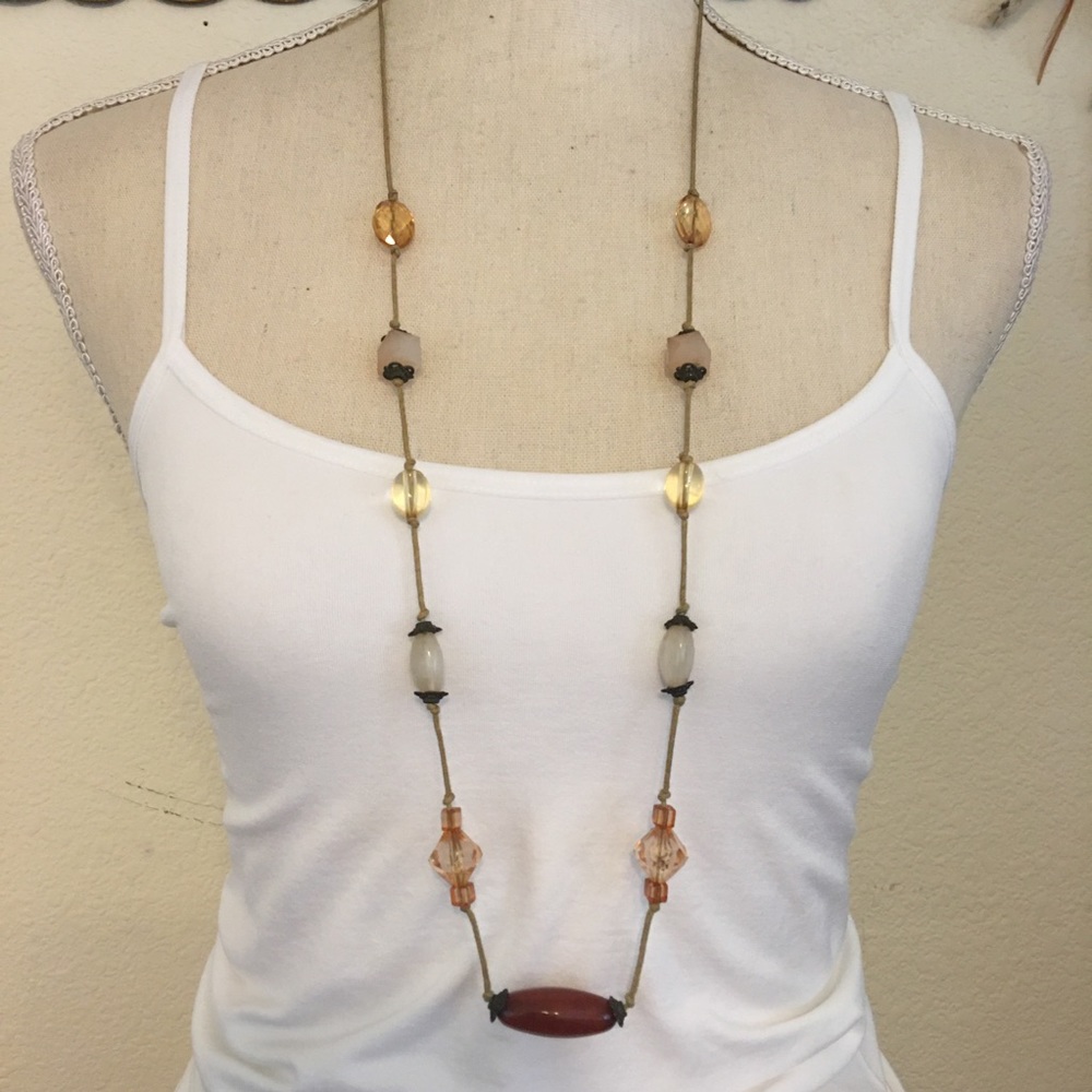 Vintage glass bead fabric cord long necklace